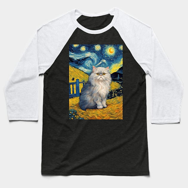 Persian Cat Breed Portrait Painting in a Van Gogh Starry Night Art Style Baseball T-Shirt by Art-Jiyuu